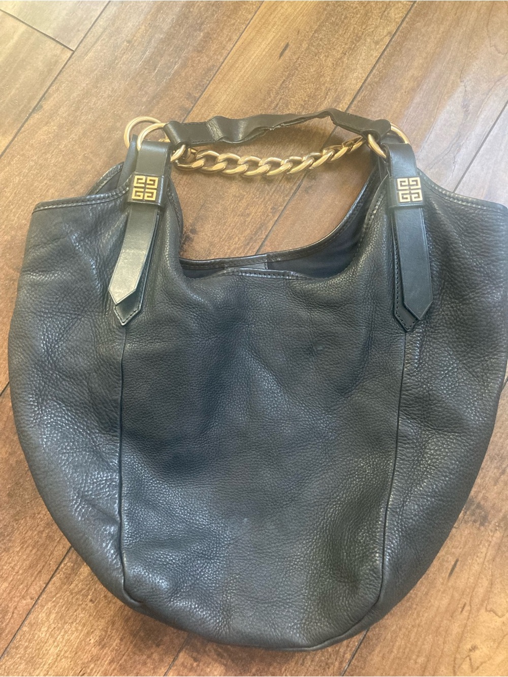 Givenchy Hobo Black Pebbled Leather Shoulder Bag with Gold Chain